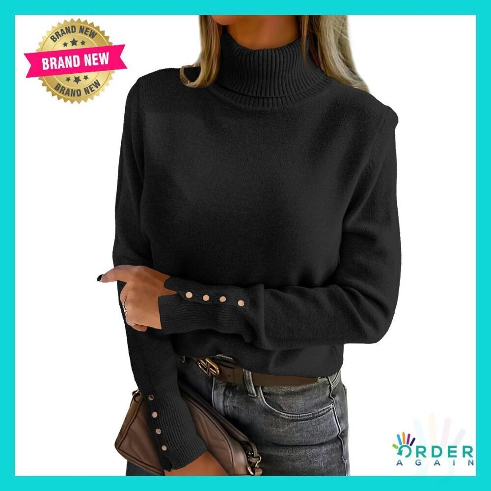 Turtleneck Pullover Sweater Elegant Chic Knitted Button Cuff Fall Winter